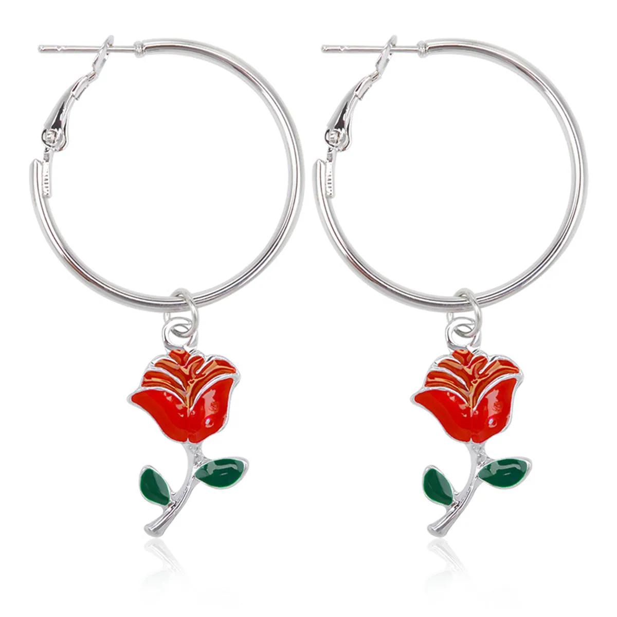 Red Enamel & Silver-Plated Rose Huggie Drop Earrings