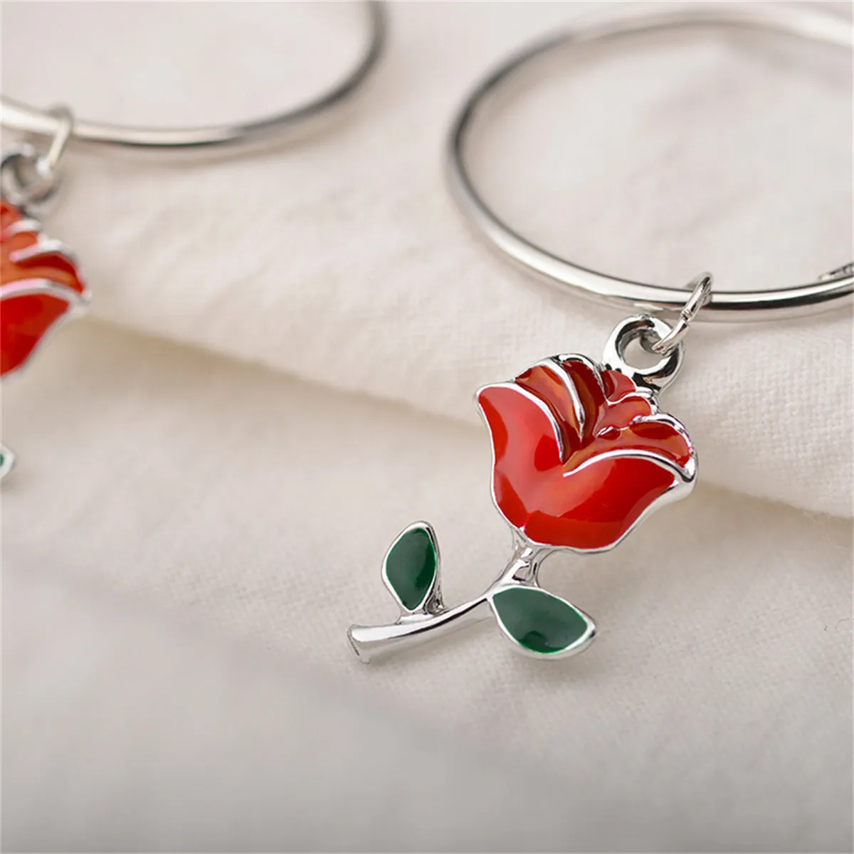 Red Enamel & Silver-Plated Rose Huggie Drop Earrings