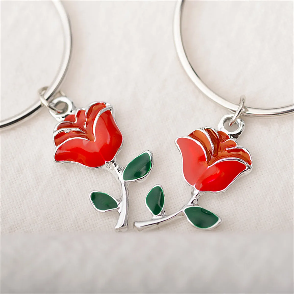 Red Enamel & Silver-Plated Rose Huggie Drop Earrings