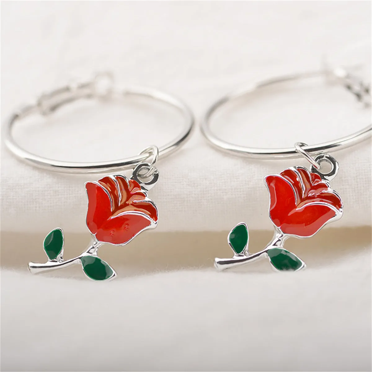 Red Enamel & Silver-Plated Rose Huggie Drop Earrings