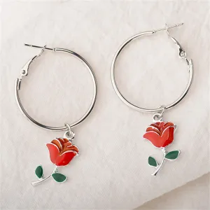 Red Enamel & Silver-Plated Rose Huggie Drop Earrings