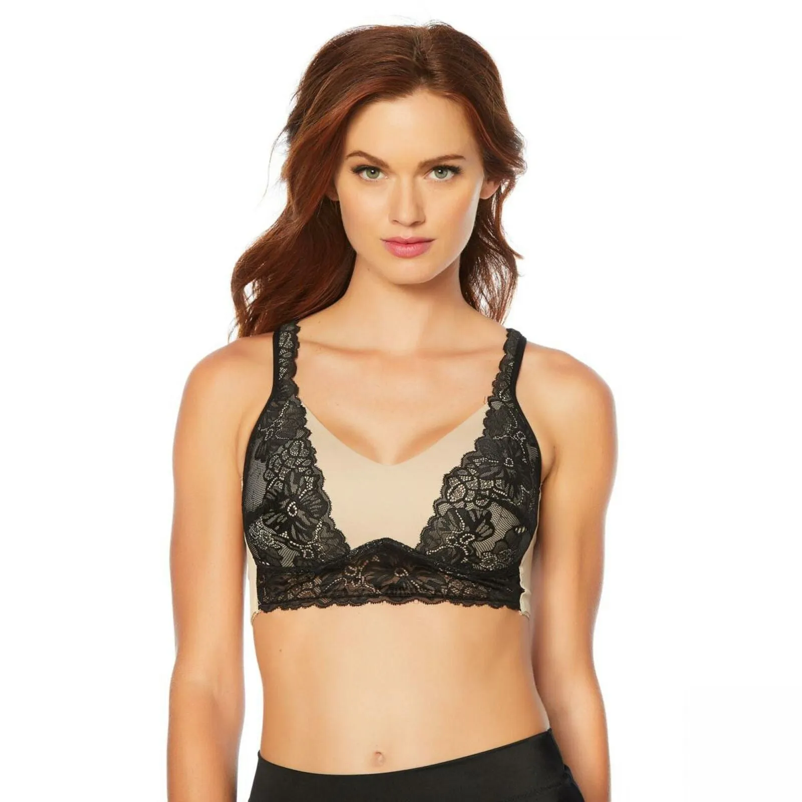 Rhonda Shear Women's Molded Cup Bra With Lace Overlay Nude / Black Large