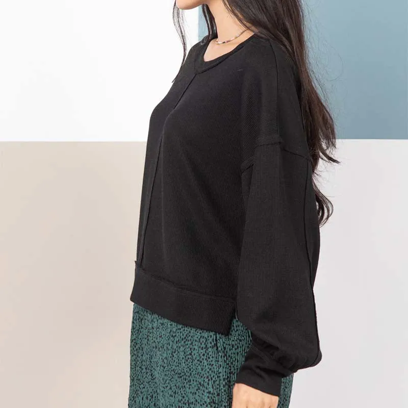 Ribbed Square Back Long Sleeve Pullover Top