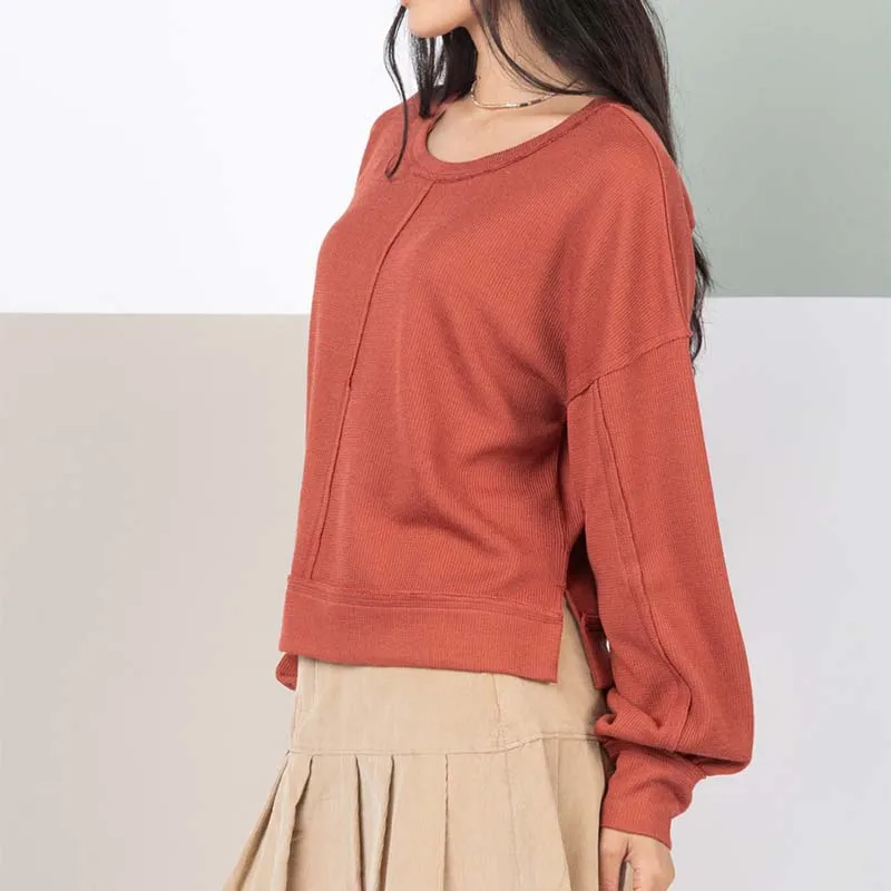 Ribbed Square Back Long Sleeve Pullover Top