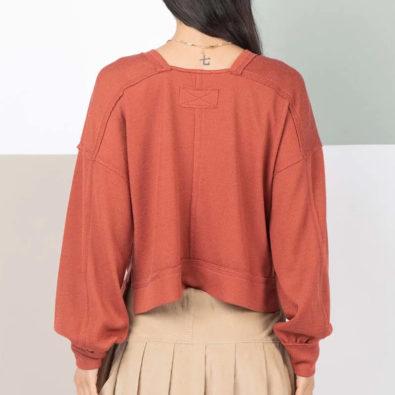 Ribbed Square Back Long Sleeve Pullover Top