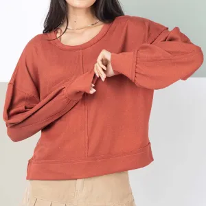 Ribbed Square Back Long Sleeve Pullover Top