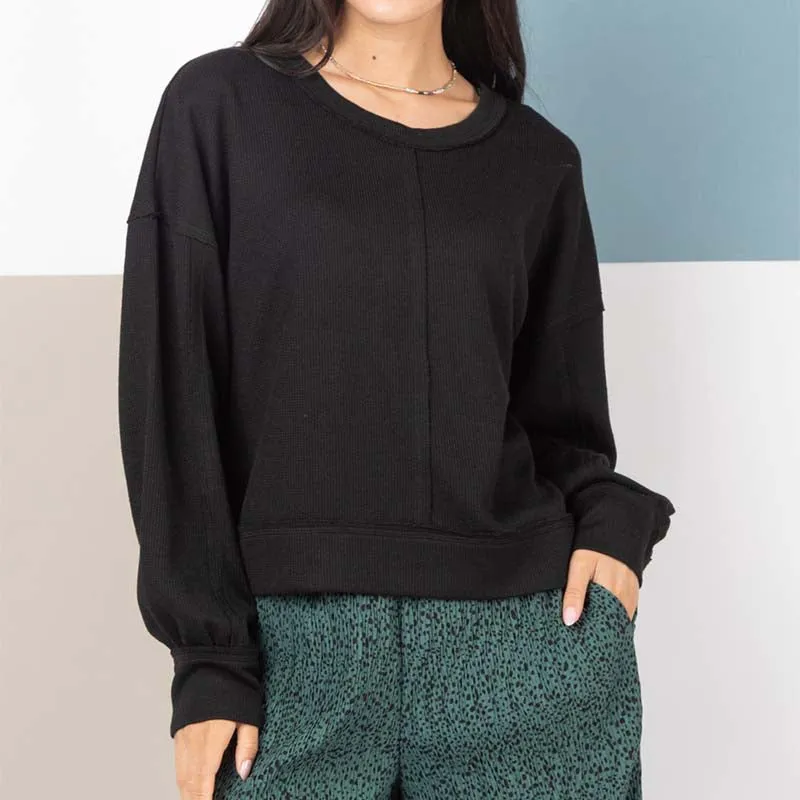 Ribbed Square Back Long Sleeve Pullover Top