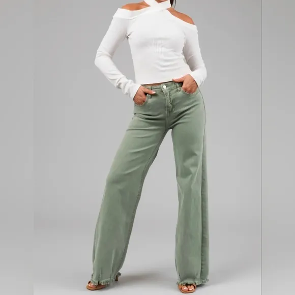 RISEN HR Wide Leg Jeans Olive Retro Vintage Style No Distressing Various NEW