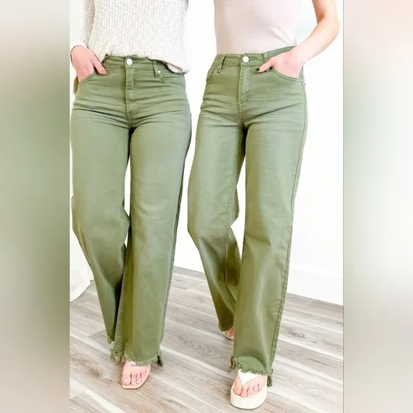 RISEN HR Wide Leg Jeans Olive Retro Vintage Style No Distressing Various NEW