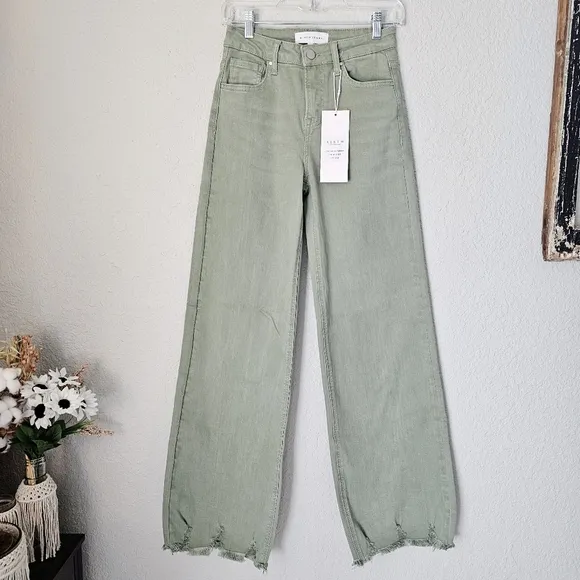 RISEN HR Wide Leg Jeans Olive Retro Vintage Style No Distressing Various NEW