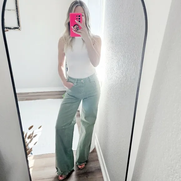 RISEN HR Wide Leg Jeans Olive Retro Vintage Style No Distressing Various NEW