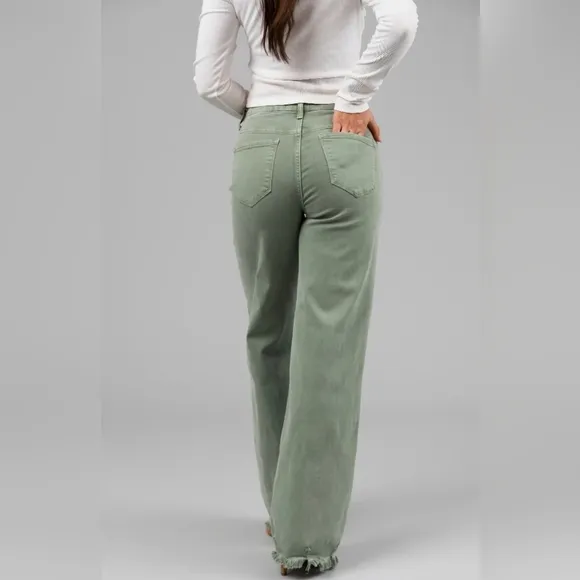 RISEN HR Wide Leg Jeans Olive Retro Vintage Style No Distressing Various NEW