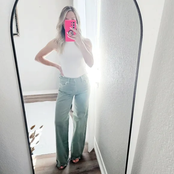 RISEN HR Wide Leg Jeans Olive Retro Vintage Style No Distressing Various NEW