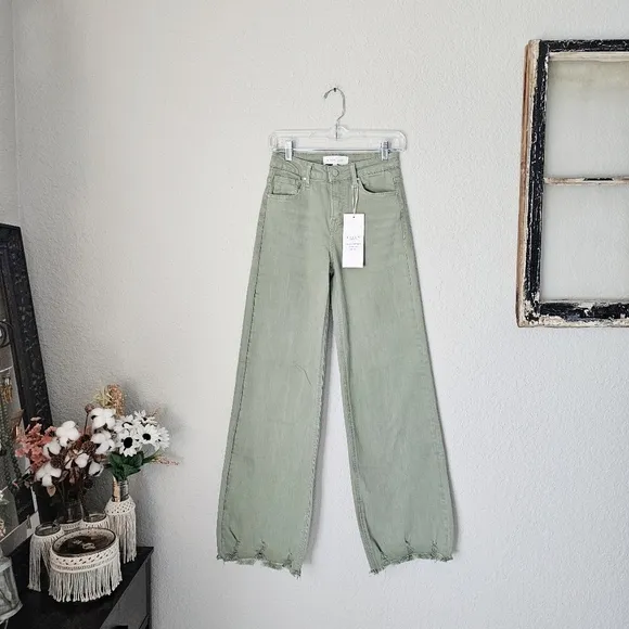 RISEN HR Wide Leg Jeans Olive Retro Vintage Style No Distressing Various NEW