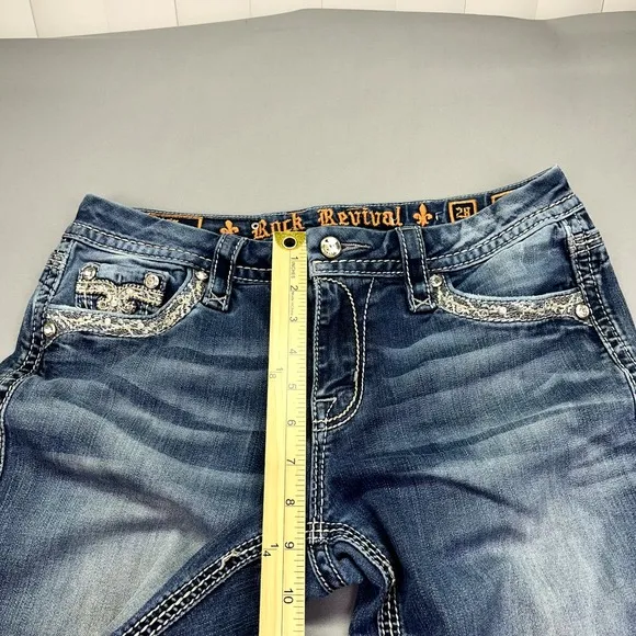 ROCK REVIVAL TANSY Women's Mid Rise Curvy Boot Denim Blue Jeans Sz 28 Fits 30&quot;