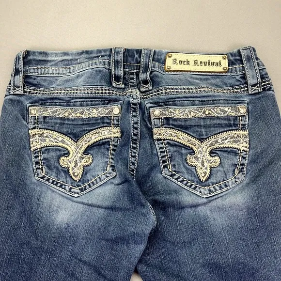 ROCK REVIVAL TANSY Women's Mid Rise Curvy Boot Denim Blue Jeans Sz 28 Fits 30&quot;