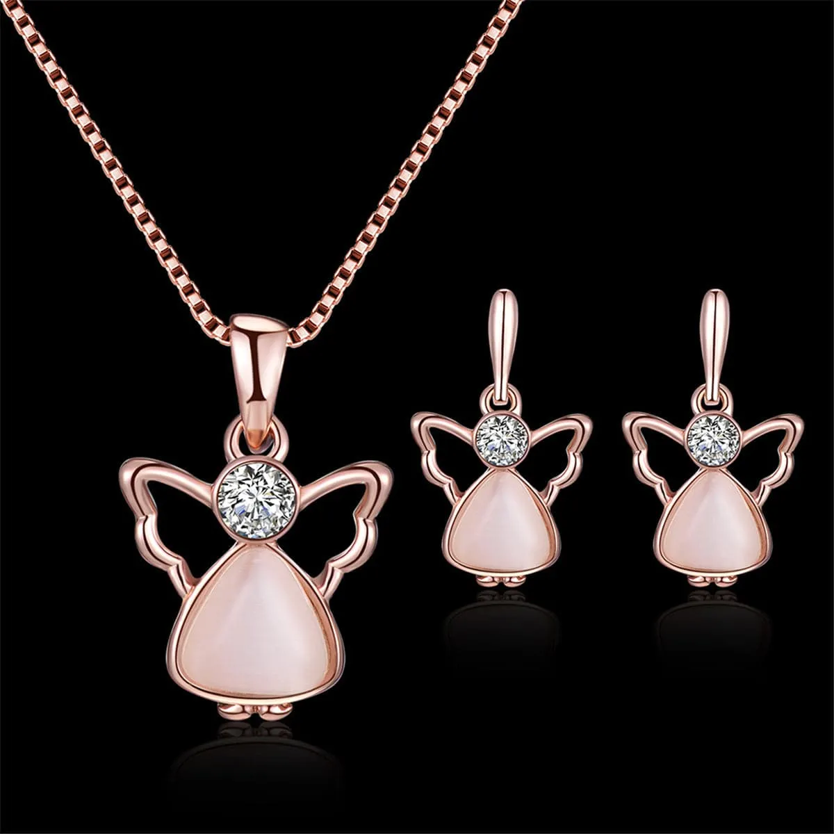 Rose Quartz & Cubic Zirconia Angel Pendant Necklace & Drop Earrings