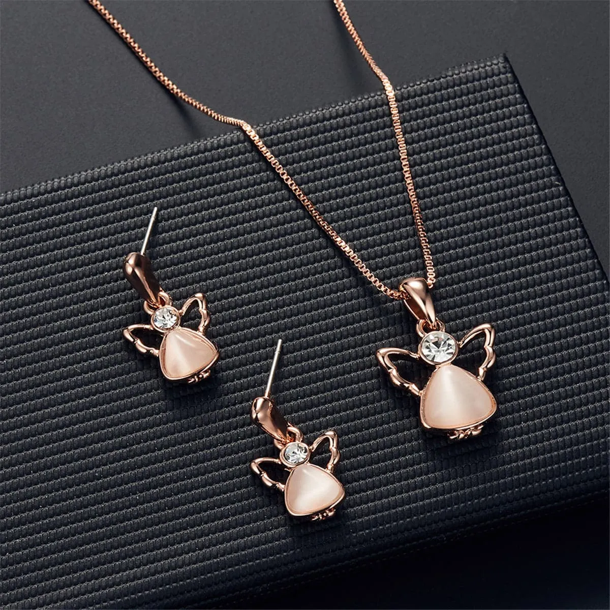 Rose Quartz & Cubic Zirconia Angel Pendant Necklace & Drop Earrings