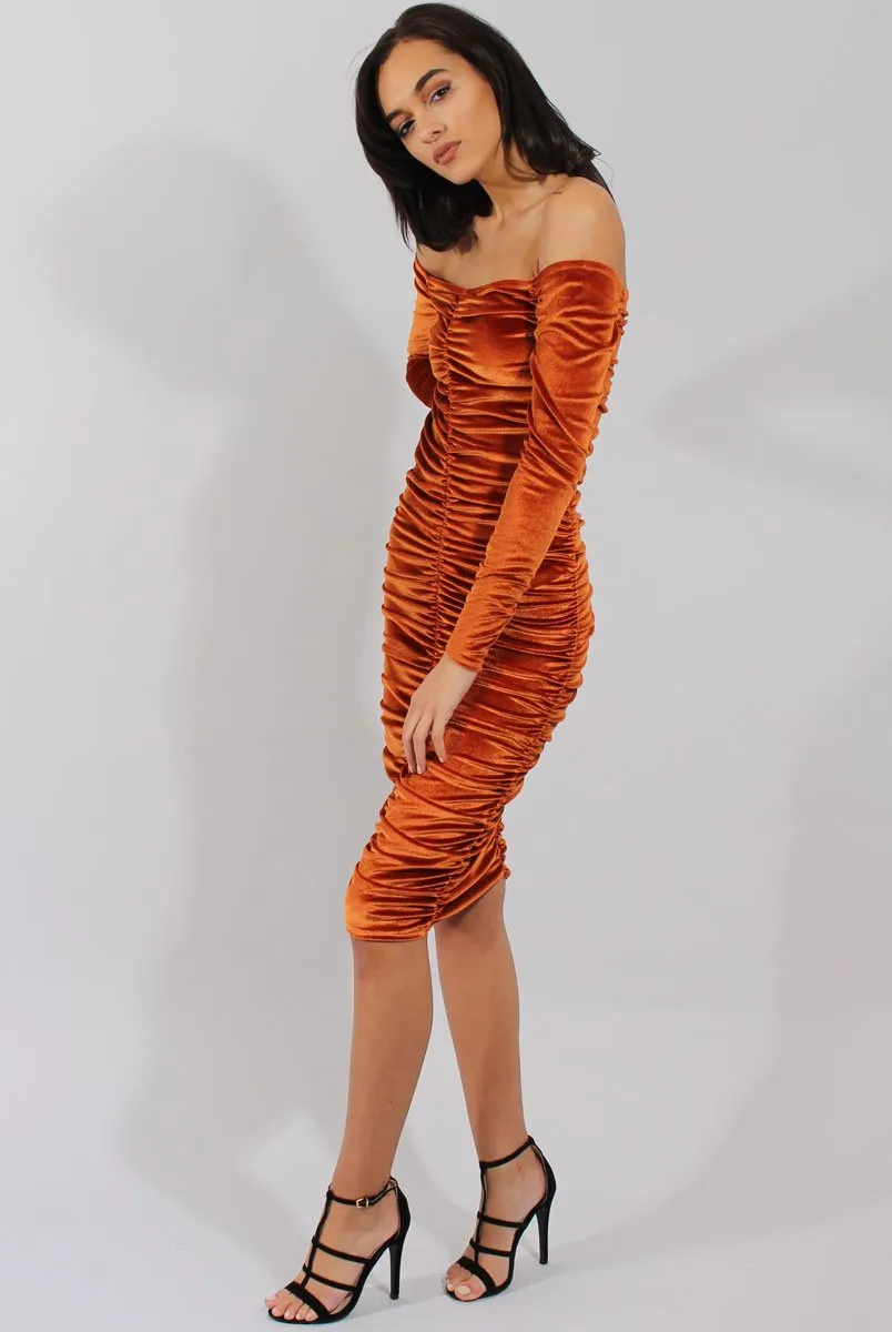 Rust Velvet Ruched Bardot Bodycon Dress - Louise