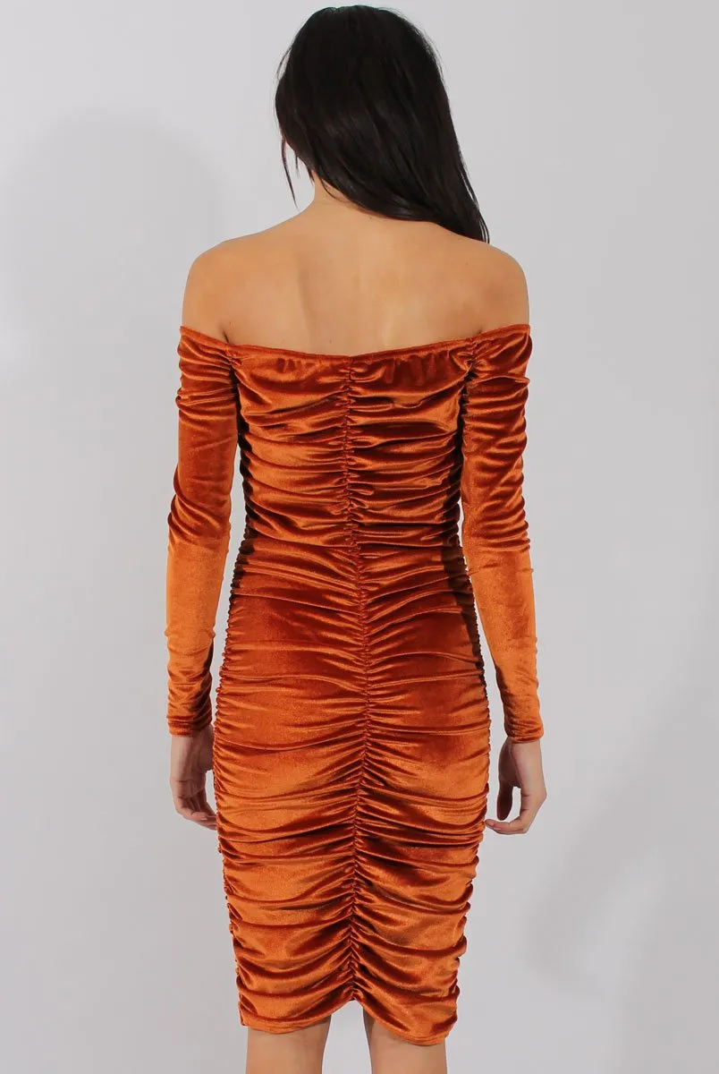 Rust Velvet Ruched Bardot Bodycon Dress - Louise
