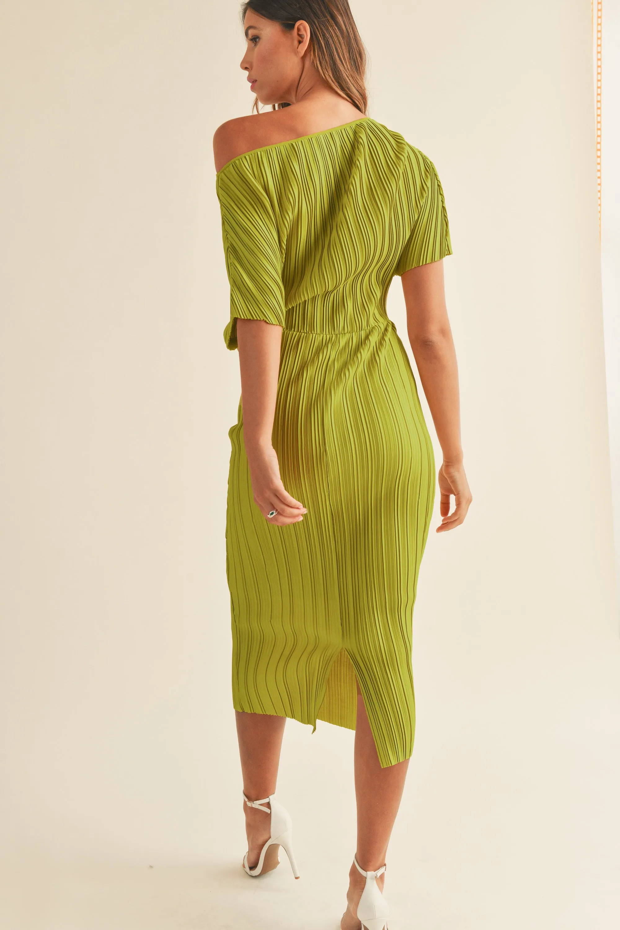 Sarina One Shoulder Pleated Side Ruched Midi Dress