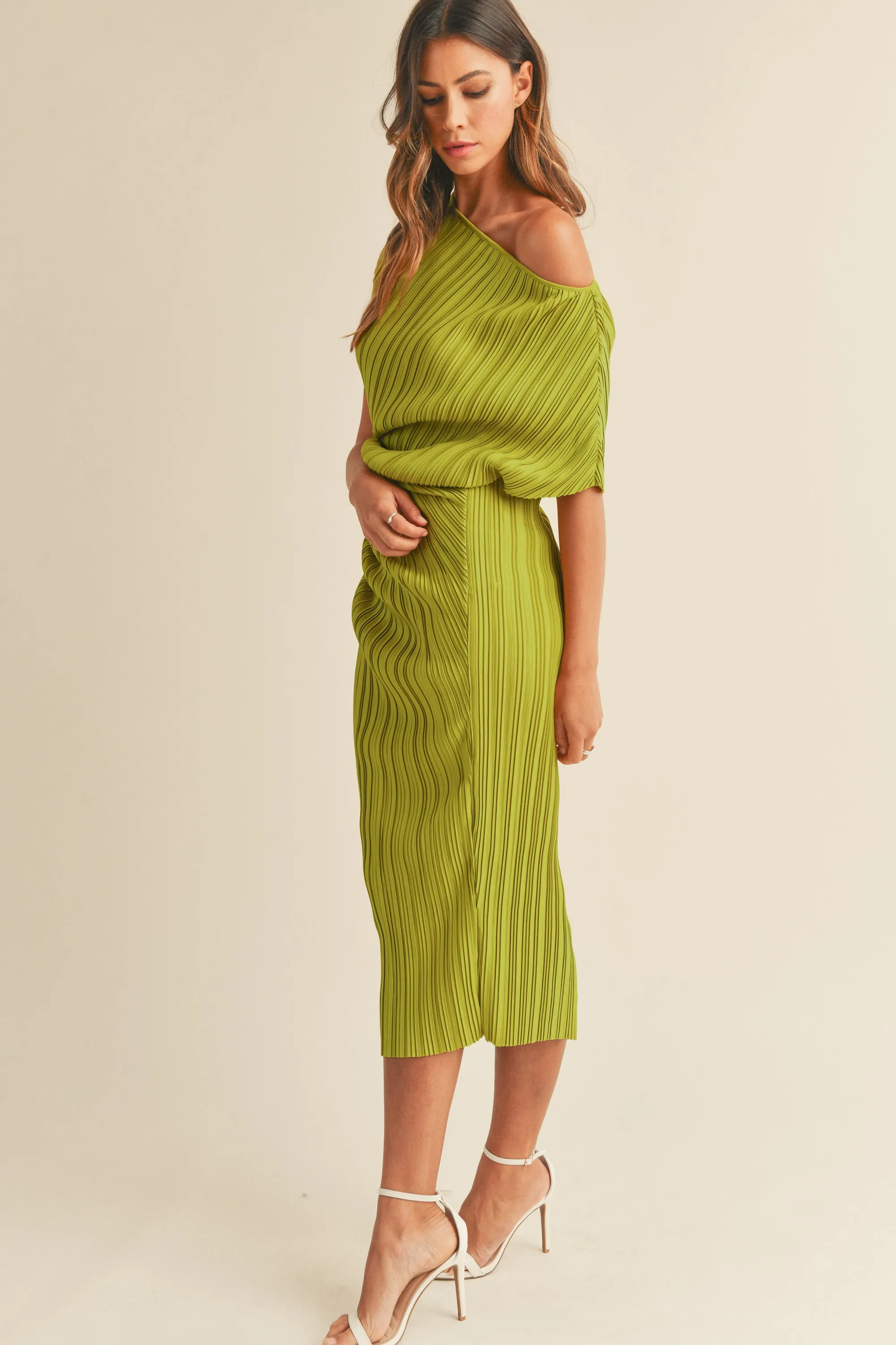 Sarina One Shoulder Pleated Side Ruched Midi Dress