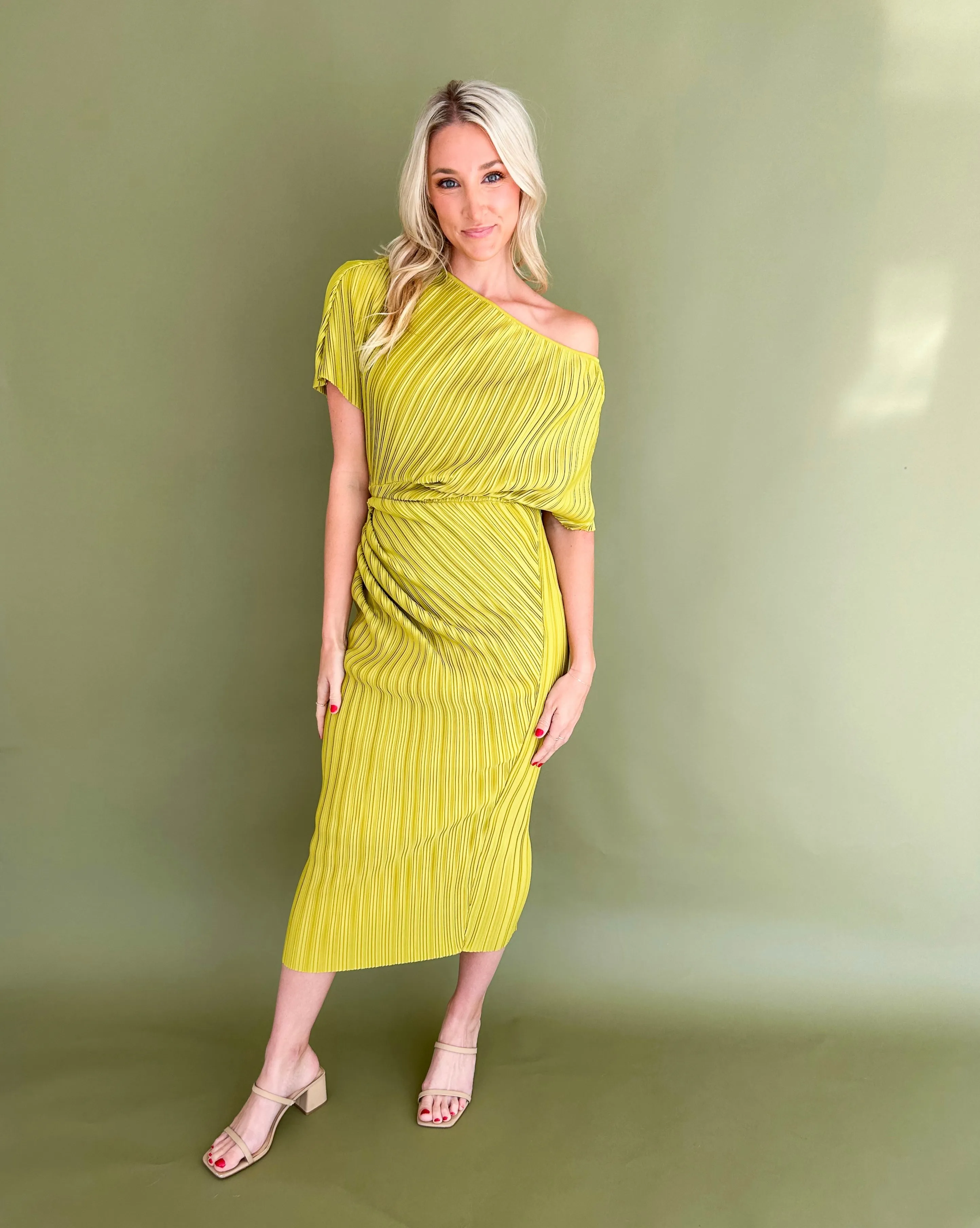 Sarina One Shoulder Pleated Side Ruched Midi Dress