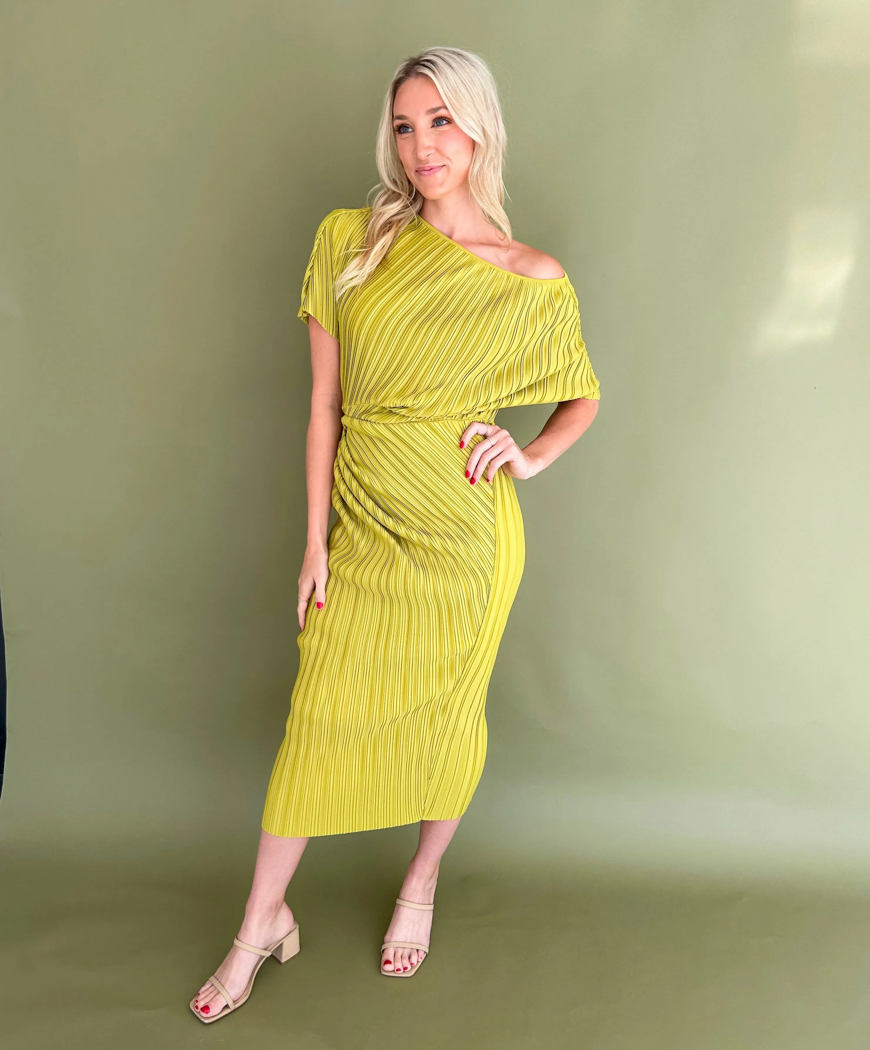 Sarina One Shoulder Pleated Side Ruched Midi Dress