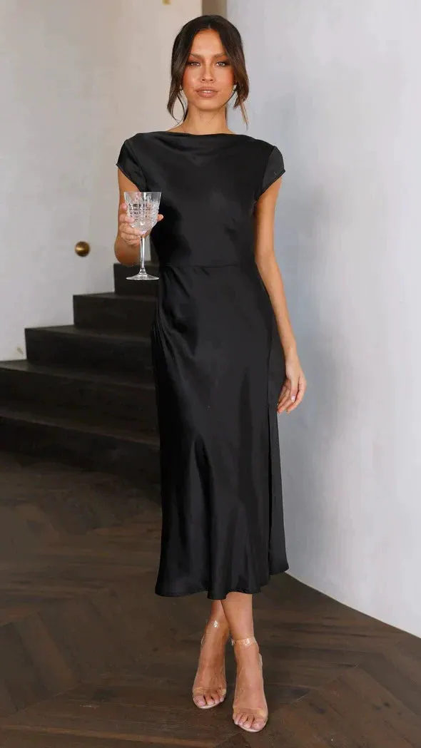 Satin Belle™ | Women's Backless Midi Dress | Luxurious Satin, Evening Wear, Flattering Fit