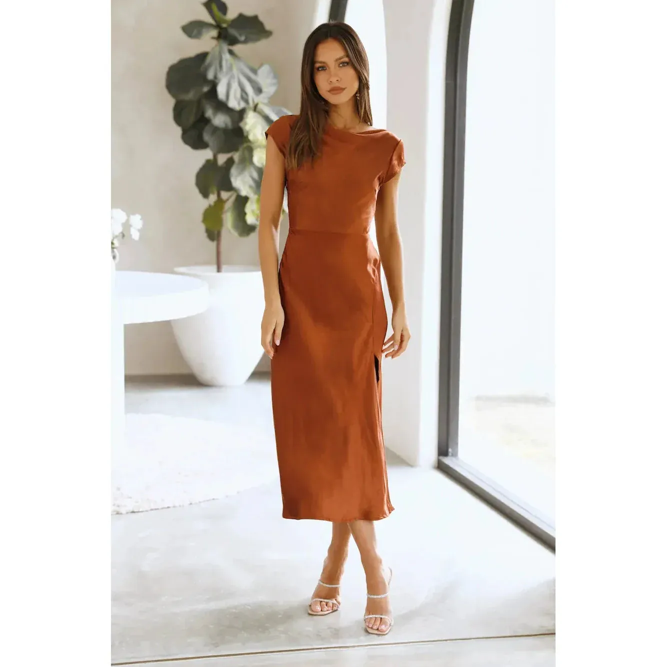 Satin Belle™ | Women's Backless Midi Dress | Luxurious Satin, Evening Wear, Flattering Fit