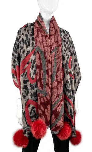 SCCO89 - Animal Print Scarf w/ Fox Poms and Hearts