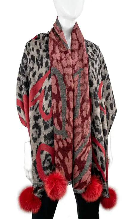 SCCO89 - Animal Print Scarf w/ Fox Poms and Hearts
