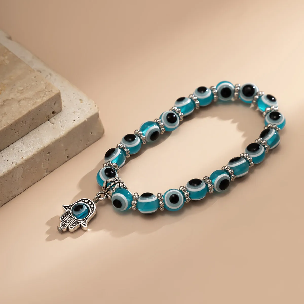 Sea Blue Acrylic & Silver-Plated Evil Eye Hamsa Charm Bracelet
