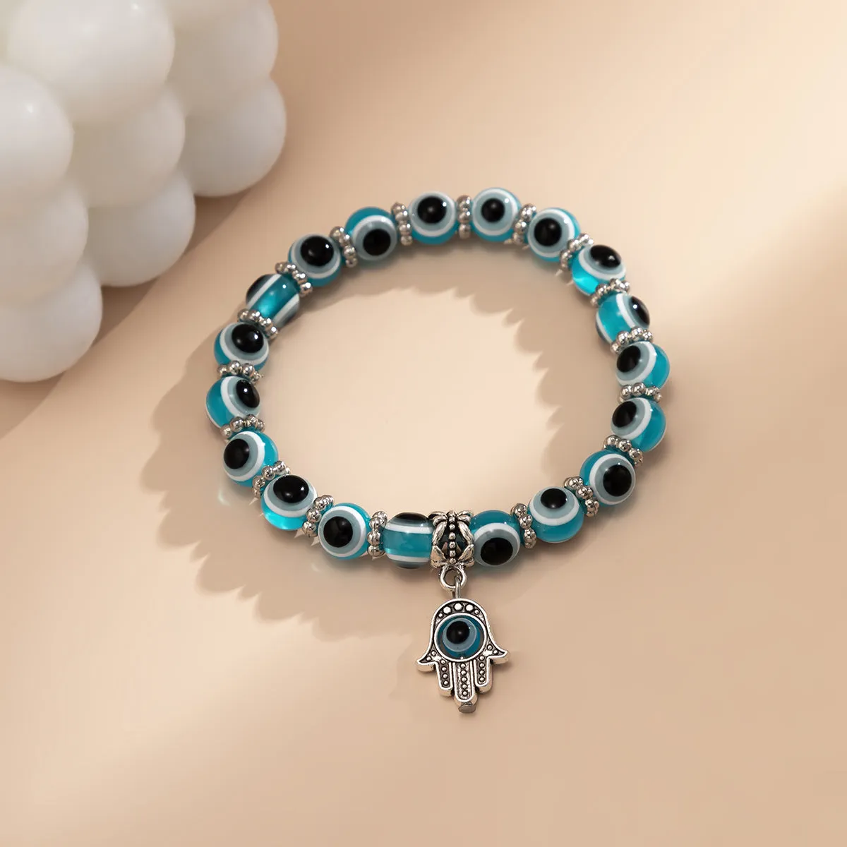 Sea Blue Acrylic & Silver-Plated Evil Eye Hamsa Charm Bracelet