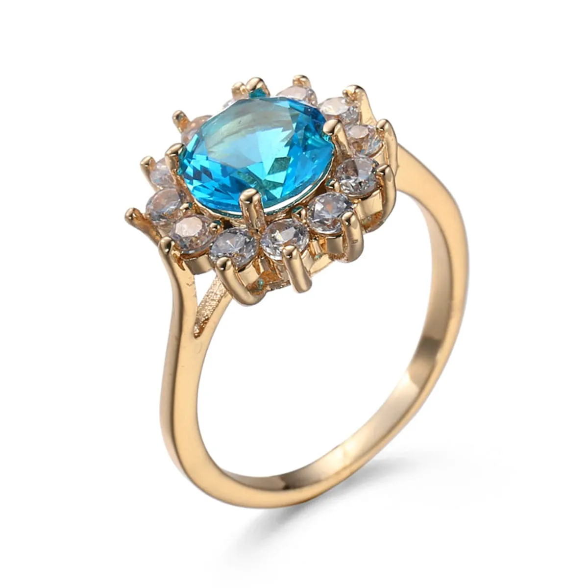 Sea Blue Crystal & Cubic Zirconia 18K Gold-Plated Burst Round Ring