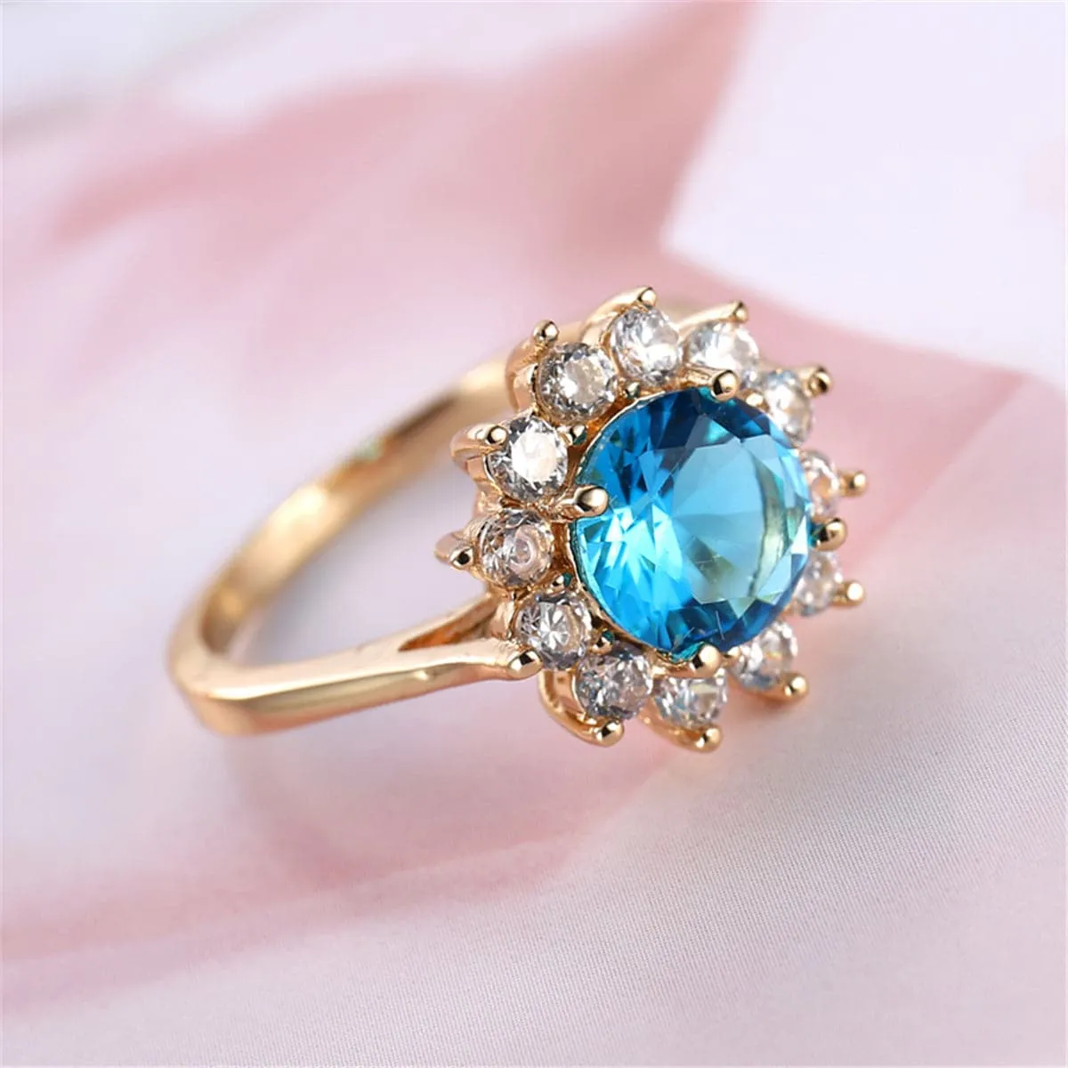 Sea Blue Crystal & Cubic Zirconia 18K Gold-Plated Burst Round Ring