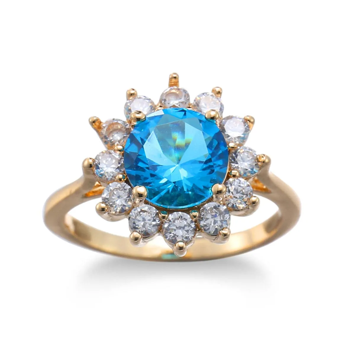 Sea Blue Crystal & Cubic Zirconia 18K Gold-Plated Burst Round Ring
