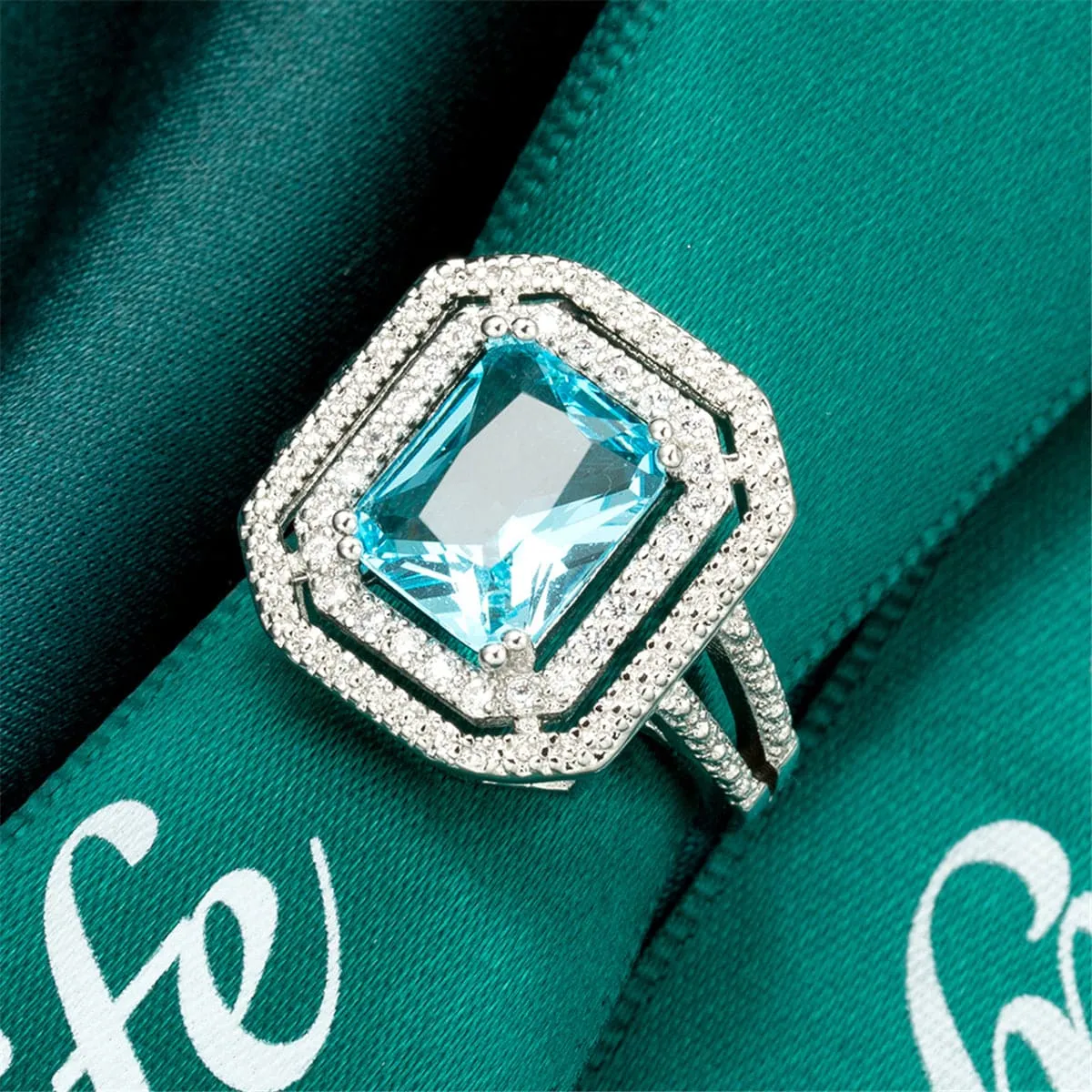 Sea Blue Crystal & Cubic Zirconia Cushion-Cut Pavé Ring