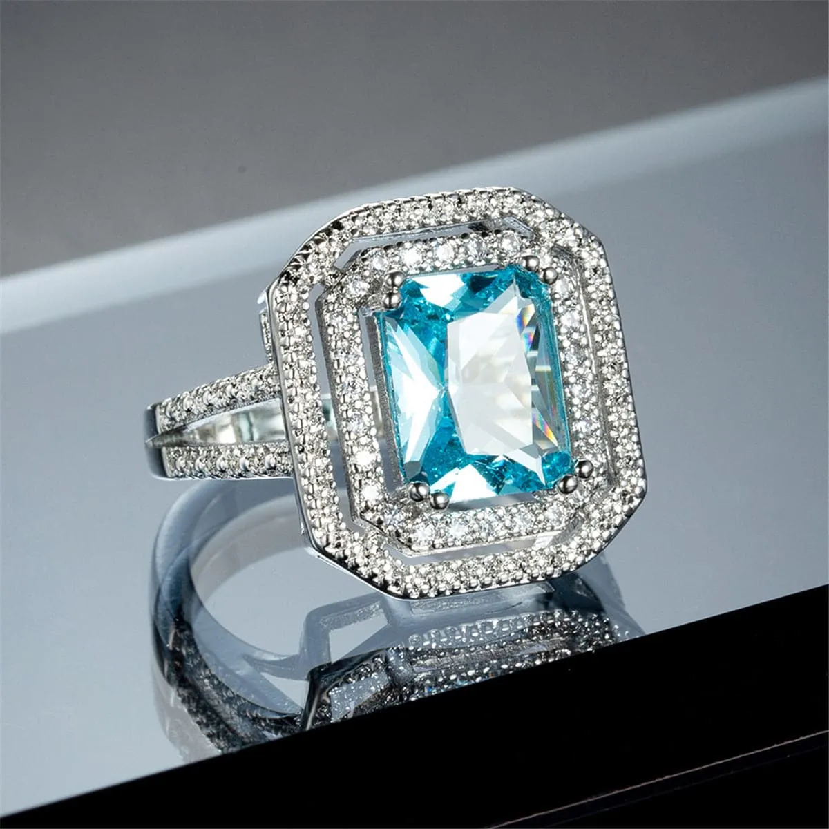 Sea Blue Crystal & Cubic Zirconia Cushion-Cut Pavé Ring
