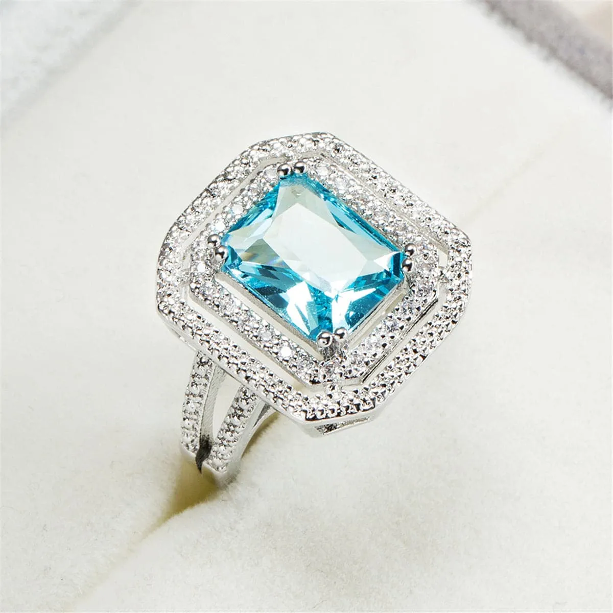 Sea Blue Crystal & Cubic Zirconia Cushion-Cut Pavé Ring
