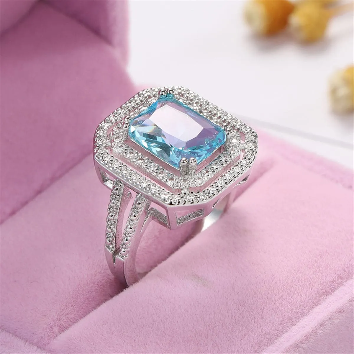 Sea Blue Crystal & Cubic Zirconia Cushion-Cut Pavé Ring