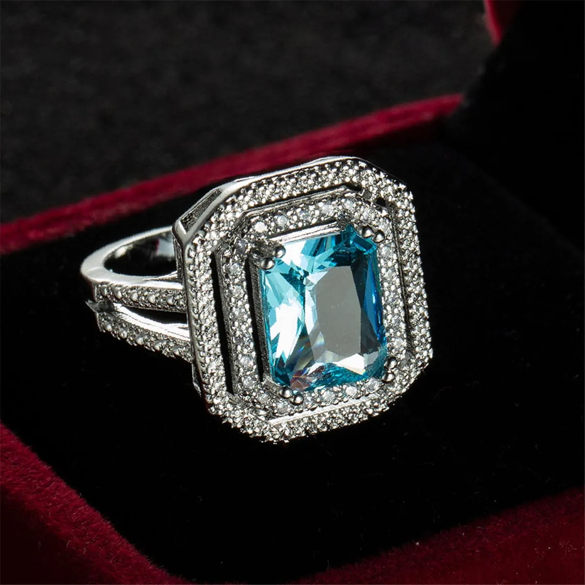 Sea Blue Crystal & Cubic Zirconia Cushion-Cut Pavé Ring