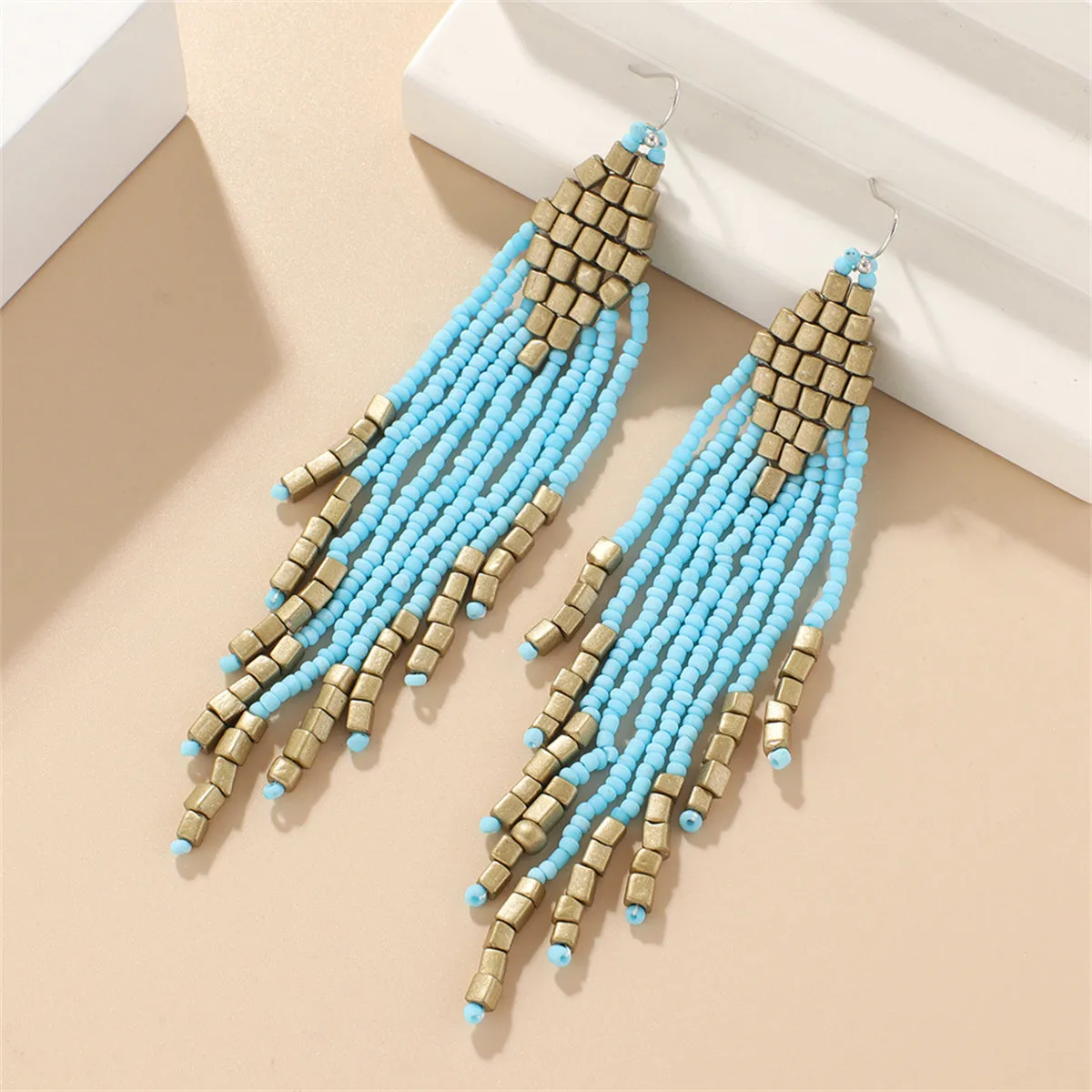 Sea Blue Tassel Beaded Drop Earrings