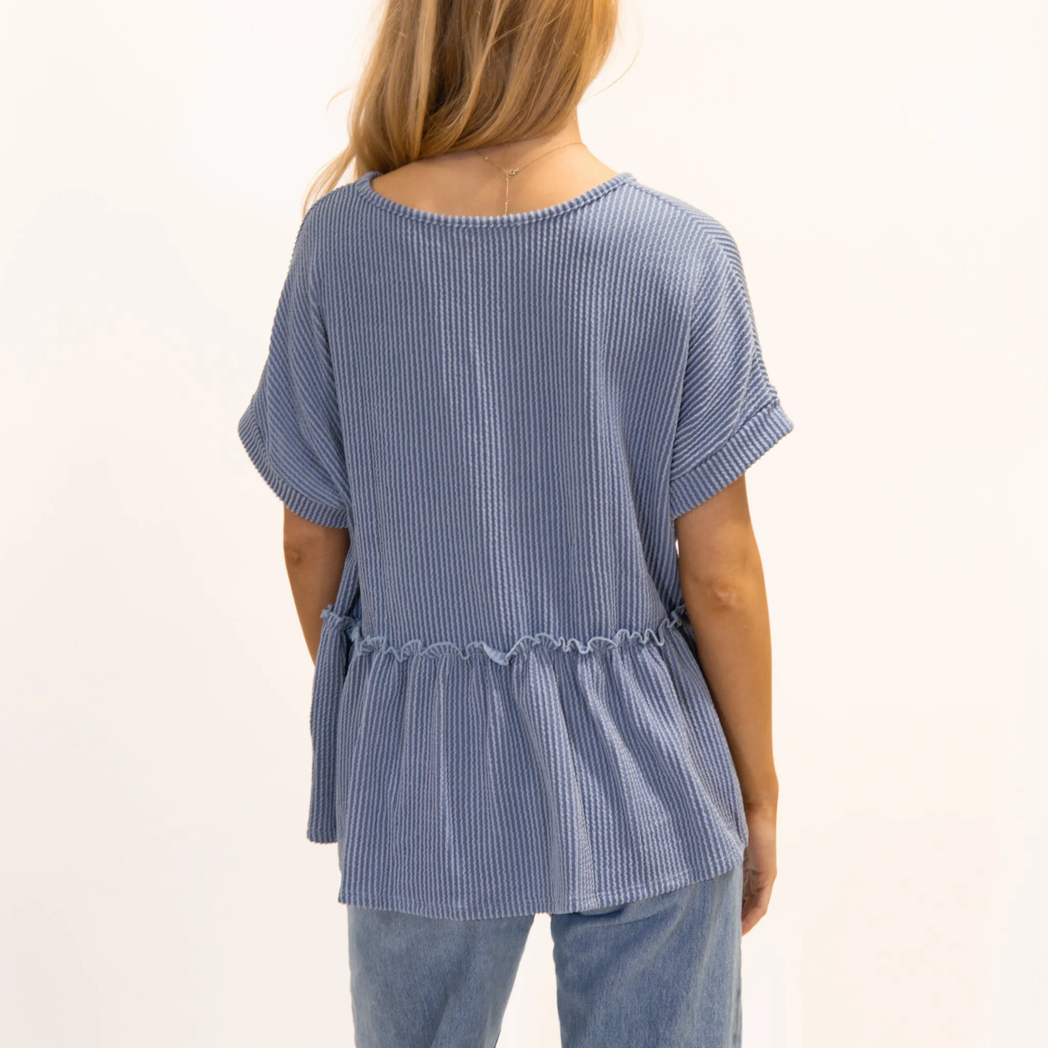 Short Sleeve Ribbed V-Neck Babydoll Top in Blue
