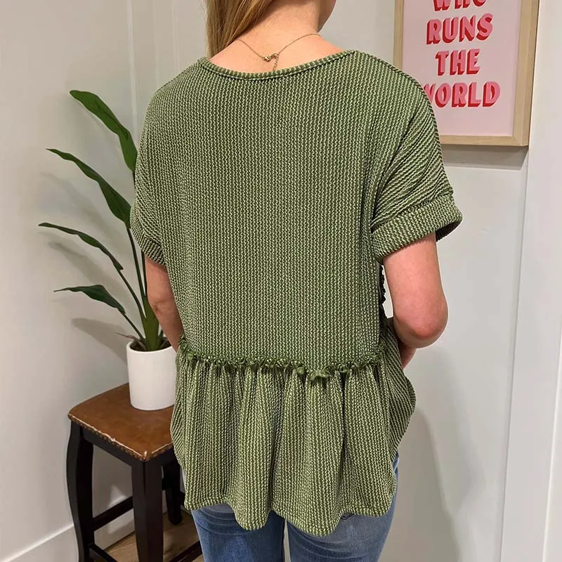Short Sleeve Ribbed V-Neck Babydoll Top in Olive
