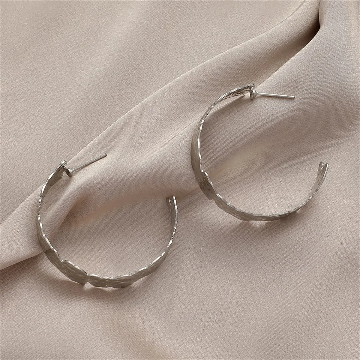 Silver-Plated Hammered Hoop Earrings