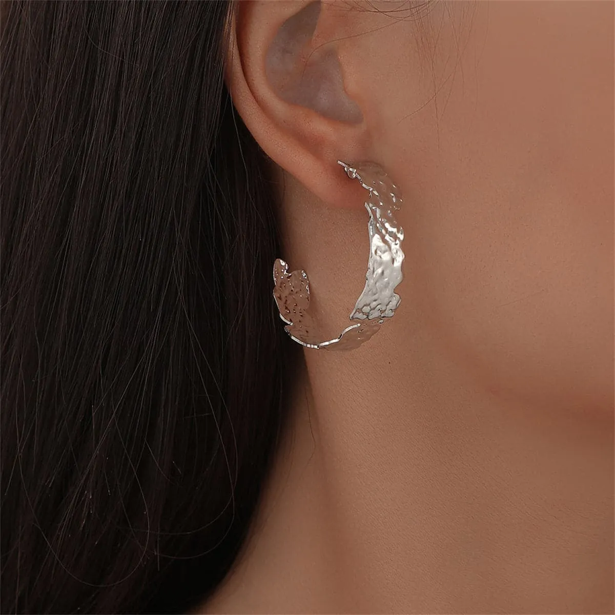 Silver-Plated Hammered Hoop Earrings