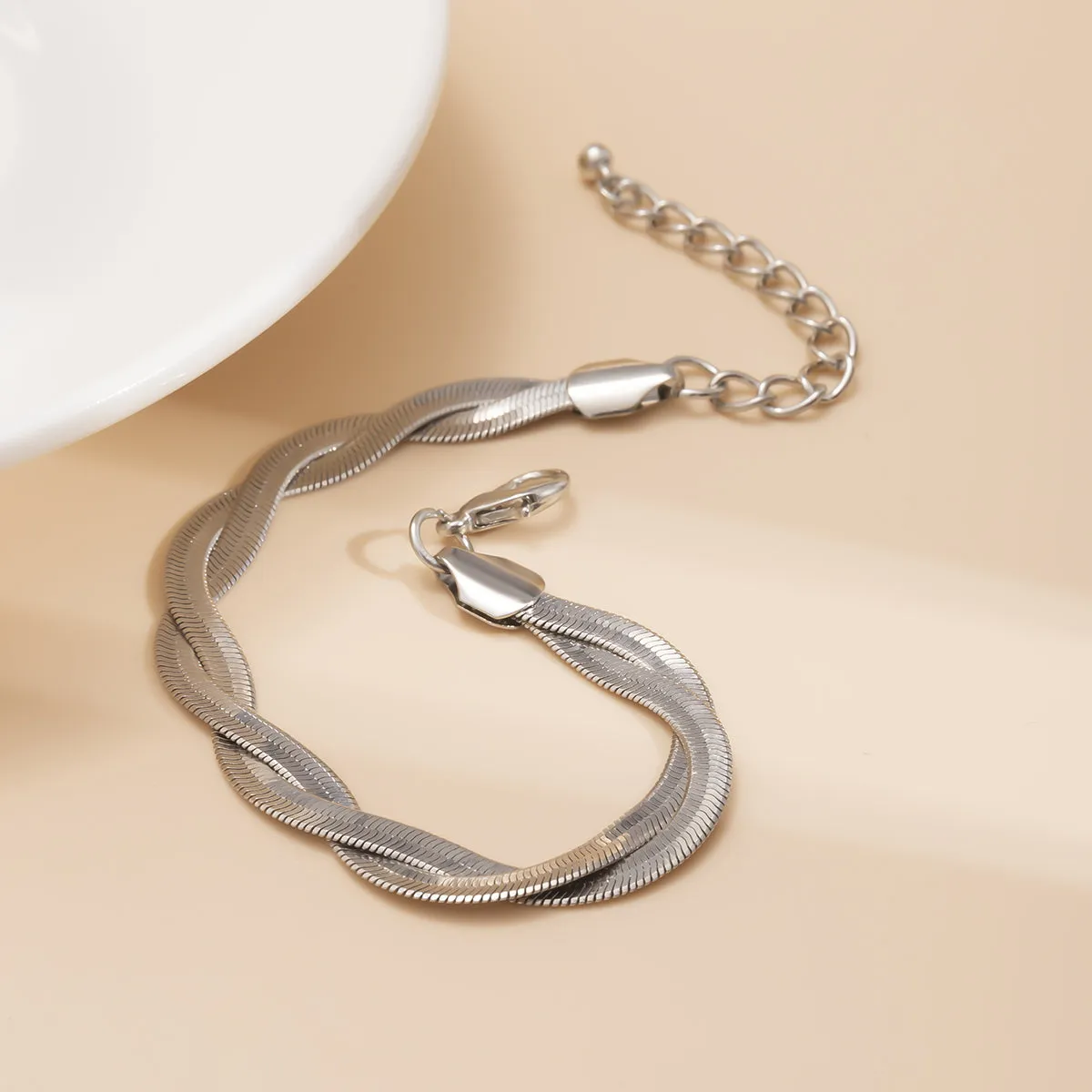 Silver-Plated Herringbone Chain Bracelet