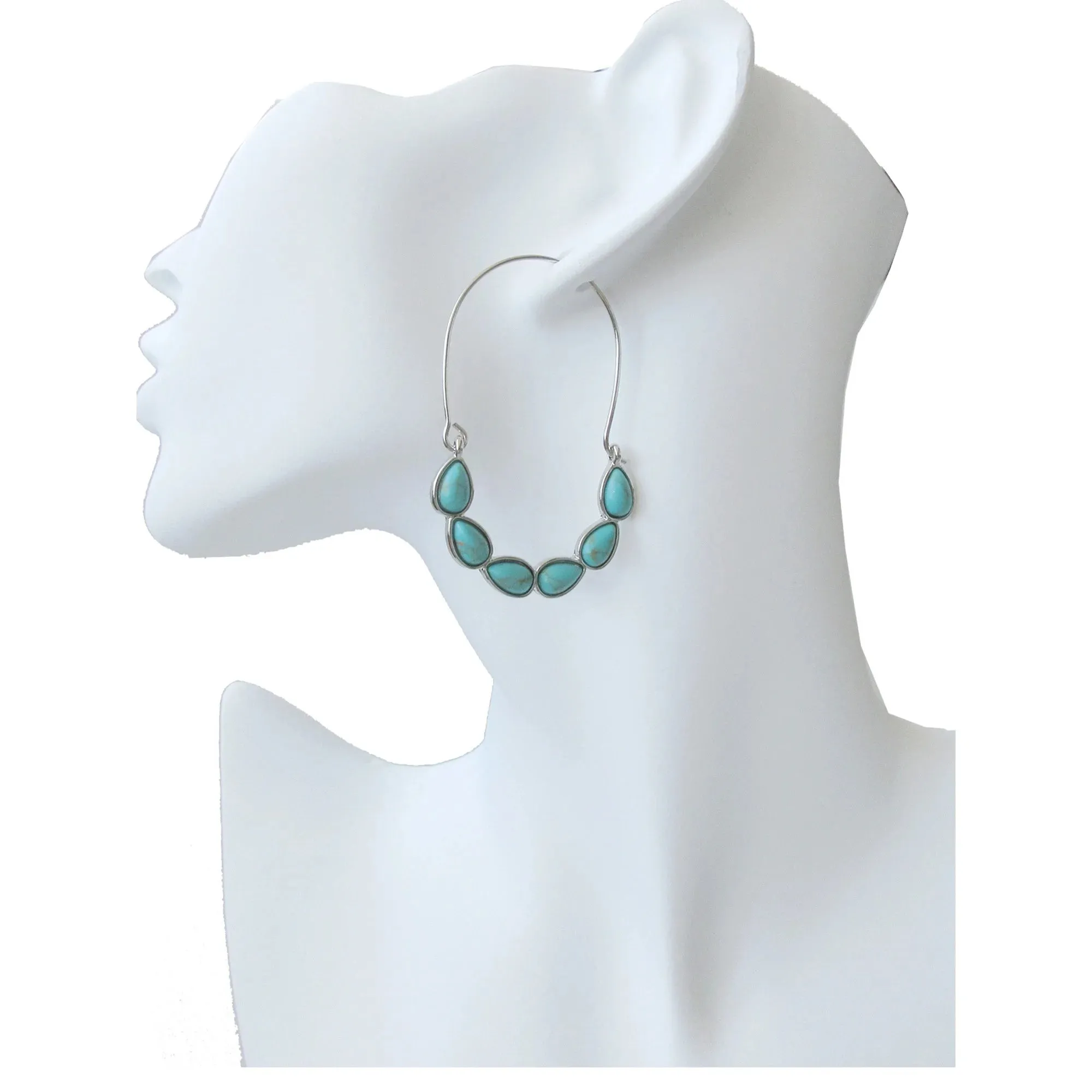 Silver Turquoise Sky Teardrop Stone Hoop Earring #GFE5823(NA17)