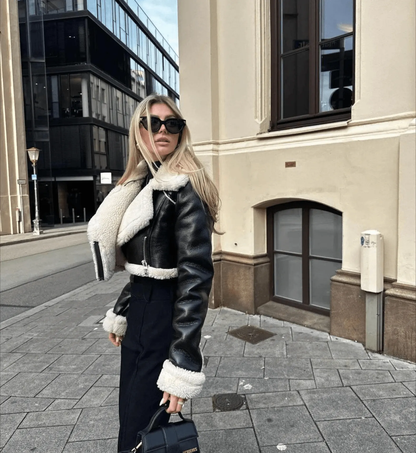 Sleek Women's Curved Shearling Leather Coat